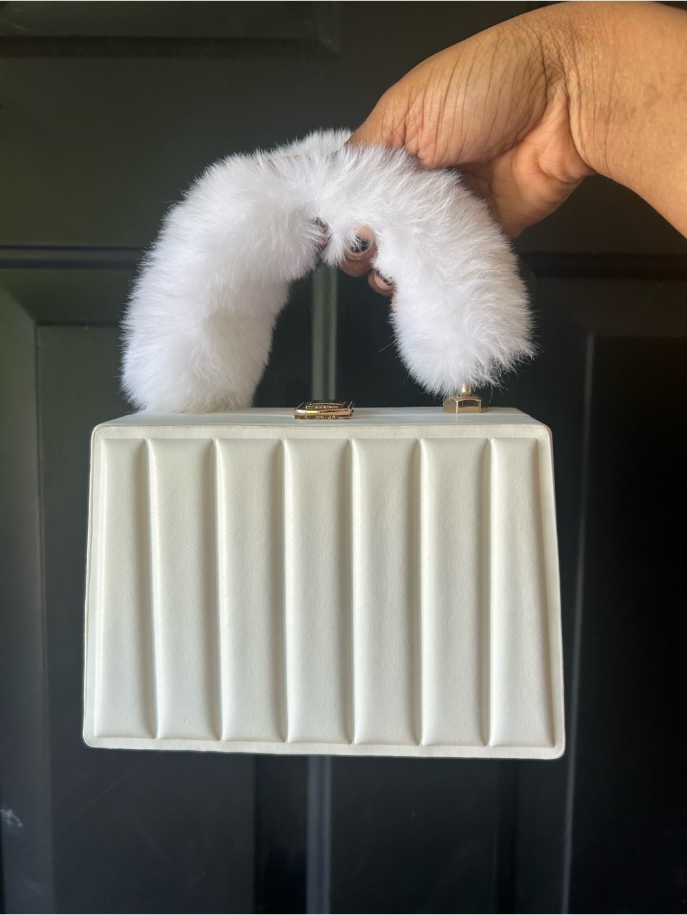 White Structured Top-Handle Women’s Bag with Fur Accent